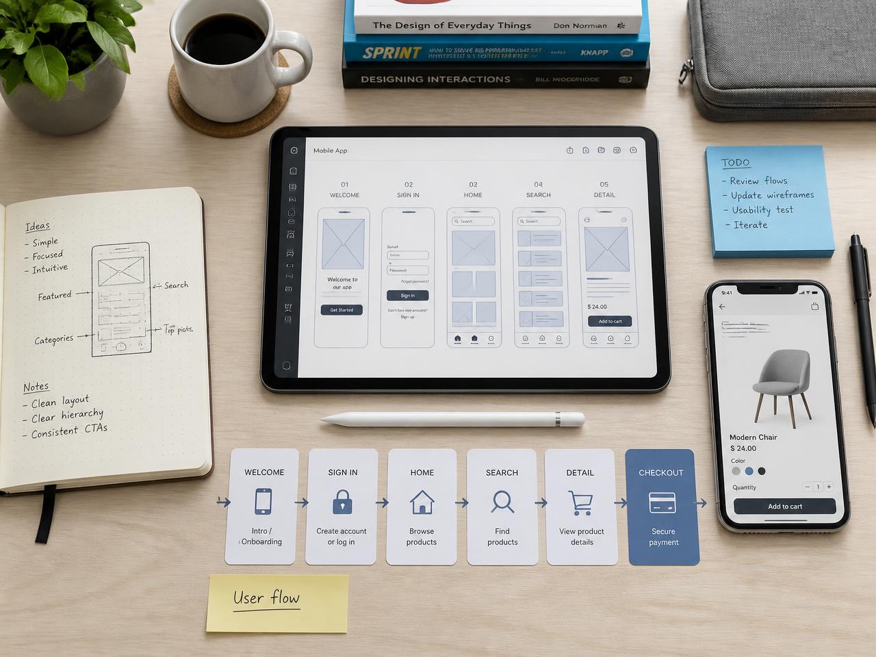 Mobile product design workspace with wireframes and user flows